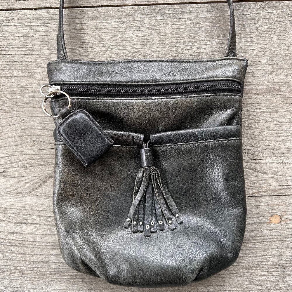 Osgoode Marley Crossbody Bag Leather Fringe Detail Exterior Zipper Pockets Black